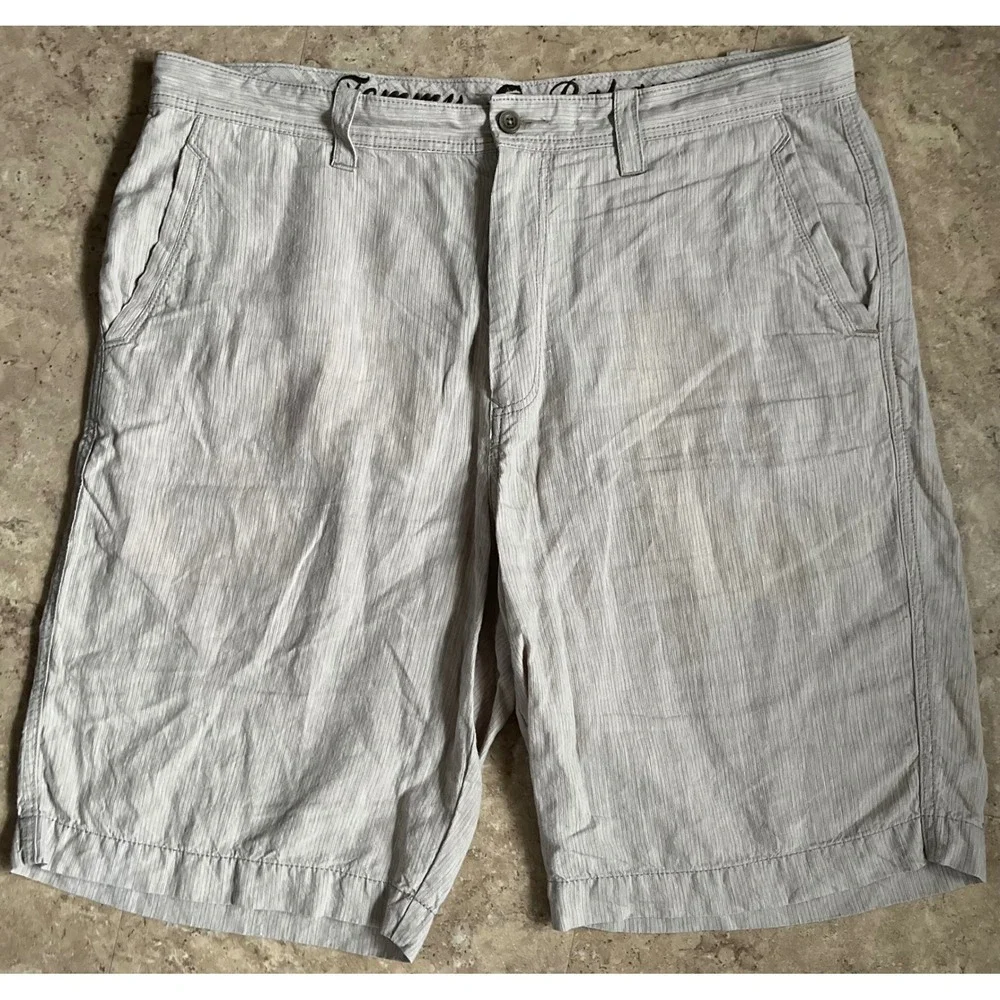 Tommy Bahama Mens 100%‎ Linen Shorts Tan White Striped Flat Front Size 36